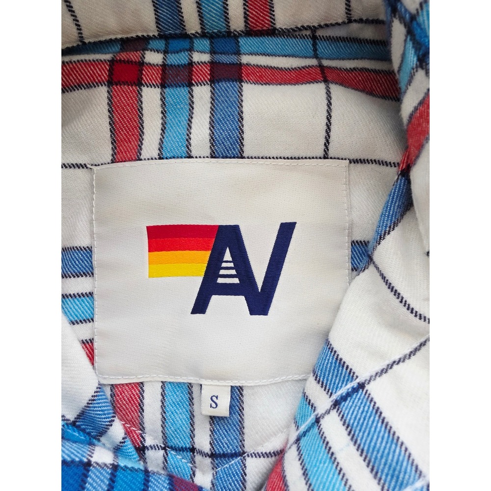 Aviator Nation Mens Plaid Flannel Shirt Red Blue White Frayed Hem Small USA - Picture 4 of 14